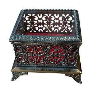 Vintage Filigree Footed Jewelry Casket Box Square Vanity Gold Colored 3.5”